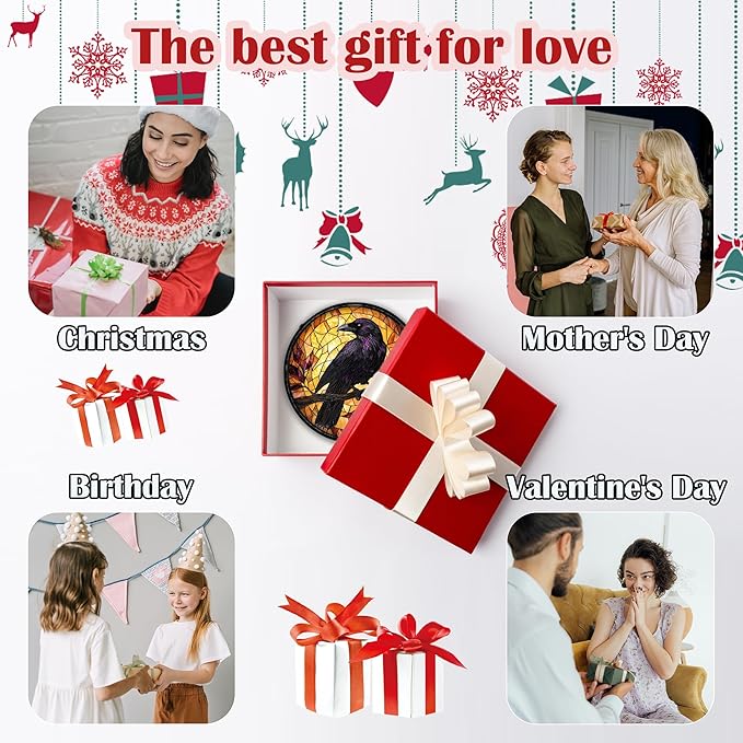 Stained Glass Window Hanging - Crow on a Branch Suncatcher Ready to Hang Window Doors Home Decoration and Christmas, Mother's Day Birthday Gifts for Women, Men, and Mom 6.3x6.3 in