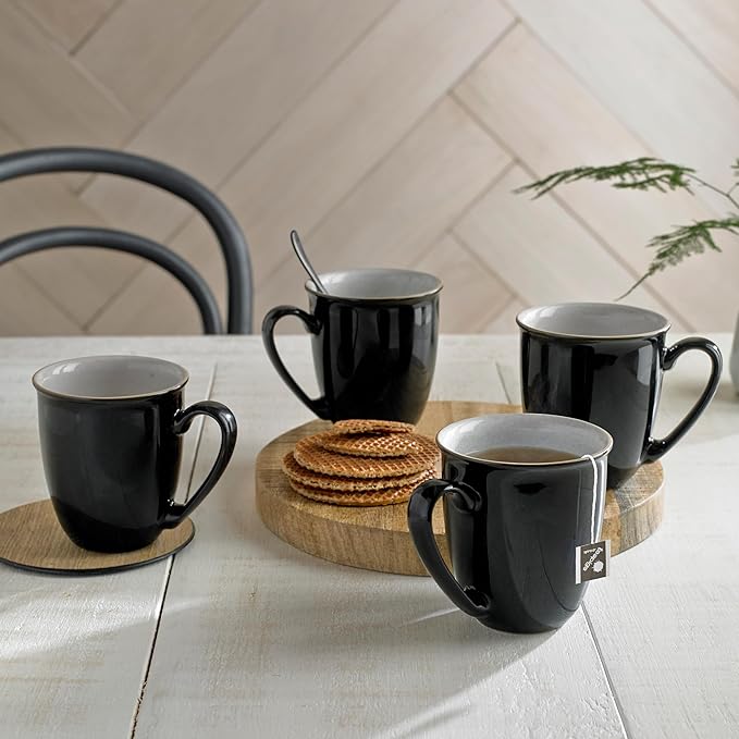 Denby - Elements Black Large Coffee Mug Set of 4-11.15oz Stoneware Tea Cup Mug Set For Office & Home - Dishwasher Safe, Microwave Safe - Ceramic Tea Cups With Black White Glaze, Chip Resistant