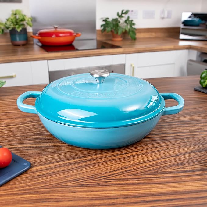 Shallow Cast Iron Casserole with Lid ??Non Stick Dutch Oven Pot, Oven Safe up to 500째 F ??Sturdy Ovenproof Stockpot Cookware ??Enamelled Cooking Pot ??Blue, 5-Quart, 32cm ??by Nuovva