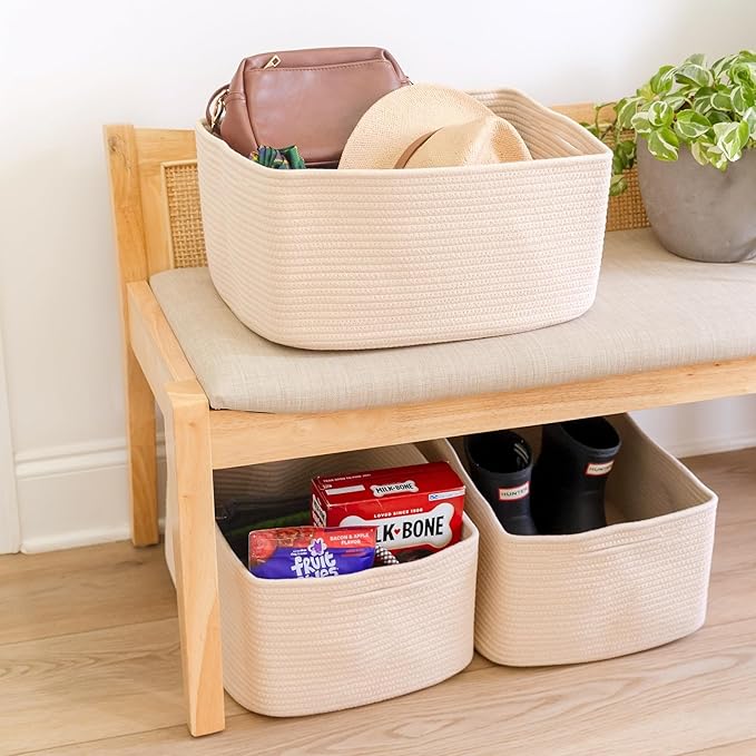 NaturalCozy Storage Baskets 16.8?쓝13?쓝7.6??Cotton Rope Woven Baskets for Organizing 3-Pack | Toy Storage Bins | Basket for Shelves, Laundry, Blanket, Clothes, Closet, Kitchen, Bathroom, Gifts