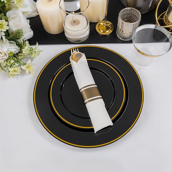 SUT 175 Pcs Black and Gold Plastic Dinnerware Set for 25 Guests, Include: 25 Dinner Plates, 25 Dessert Plates, 25 Pre Rolled Napkins With Silverware, 25 Cups, Disposable Plates for Party