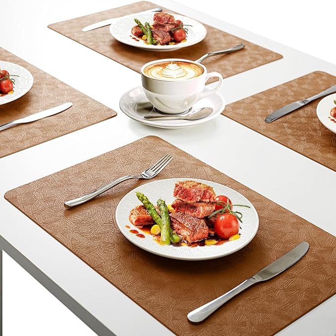 Uolr Vinyl Placemats Set of 12 Faux Leather 100% Waterproof Wipeable Washable Place Mats Heat Resistant Easy Clean Non-Slip Table Mats for Indoor Outdoor. (12, Brown)