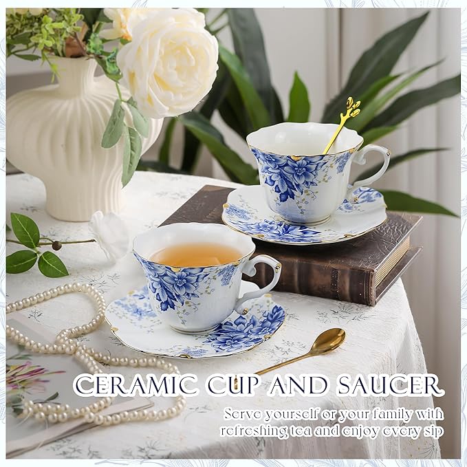 TATSUMI Country Roses 18 Peices Bone China Tea Cup And Saucer Set, English Vintage Tea Cups Of 6 For Women And Tea Party Sets(Rose Blue,6 Sets)