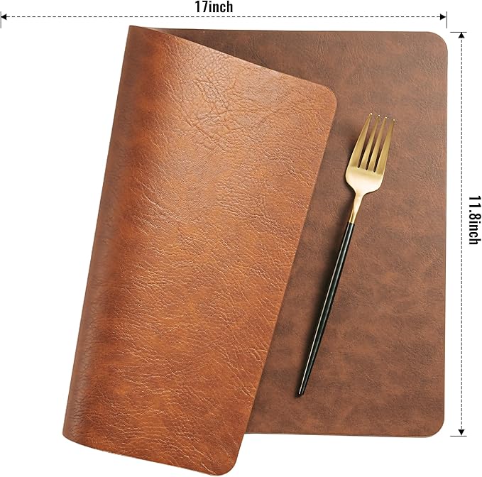 DOLOPL Thanksgiving Placemats Set of 8 Reversible Dual-Color Table Placemats ??Heat Resistant Wipeable & Washable Place Mats, Luxury Faux Leather Table Mats for Table Decor (Reddish Brown & Brown)
