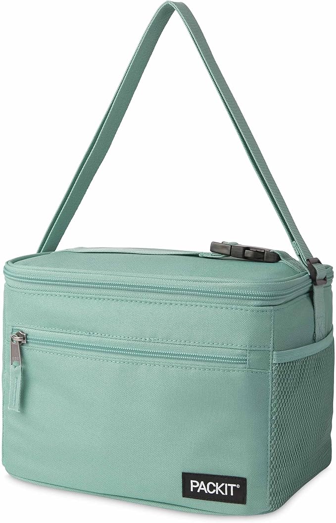 PackIt짰 Freezable Essential Cooler, Sage, Built with ECOFREEZE Technology, Fully Freezable, Collapsible, Reusable, With Removable Crossbody Strap, Top Clip Handle, Designed for Fresh Office
