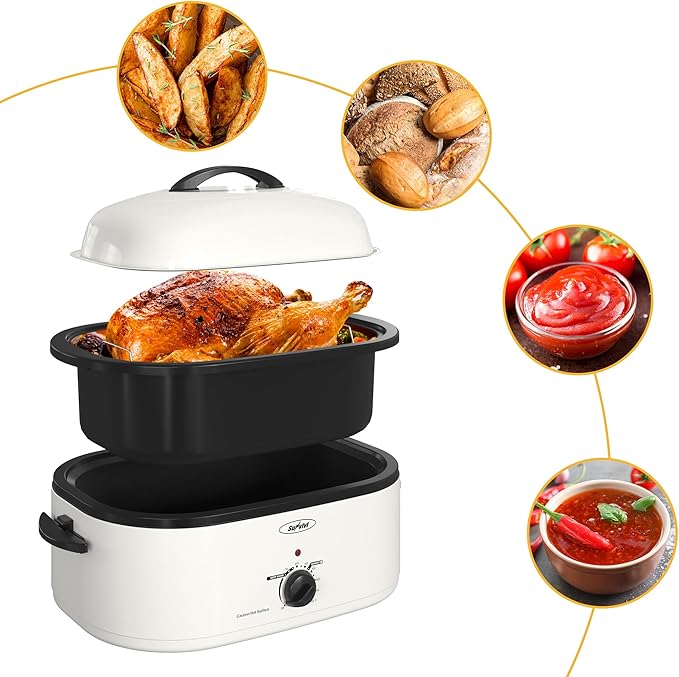 Sunvivi 18-Quart Roaster Oven with Self-Basting Lid, Electric Turkey Roaster Oven with Removable Pan and Rack, Stainless Steel, White