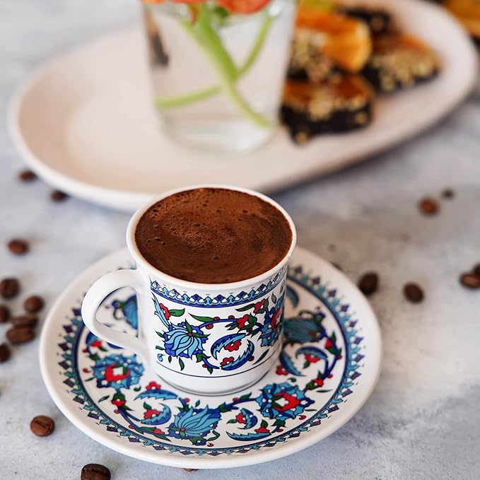 Turkish Coffee Cup Set of 6 with Saucers & Holder ??Ceramic, Dishwasher-Safe, Keeps Warm ??Patterned Turkish Espresso Cups Set for Home & Office (Set Of 6)