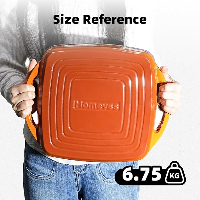 2-in-1 Square Enameled Cast Iron Dutch Oven 7QT Baking Pan and Gridle Lid with Dual Handles, Cast Iron Skillet lid, Coating Gridle for Baking, Braising and Grilling - Orange