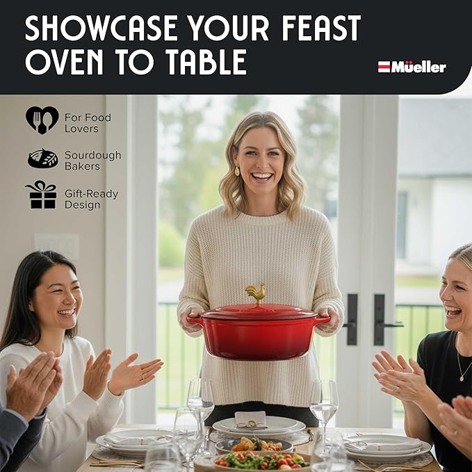 MUELLER HOME 5.5 Quart Enameled Cast Iron Oval Dutch Oven w Rooster Knob & Cotton Potholders, Heavy-Duty Cookware, Oven-Safe up to 500째 F & Across All Cooktops, Gifts for Grandma & Women, Red