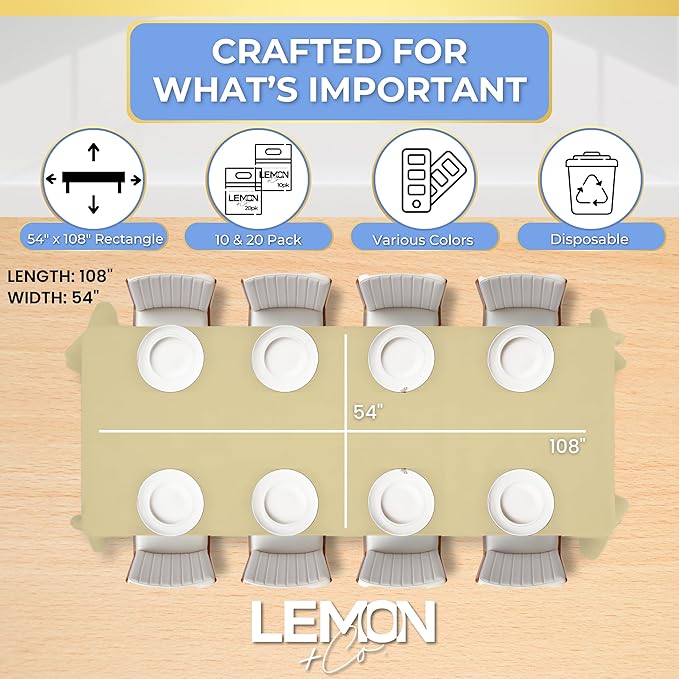 LEMON + Co. Beige Rectangle Table Cover Disposable Plastic Tablecloth 54 Inch. x 108 Inch. Premium Decorative Rectangle Table Cover 20 Pack