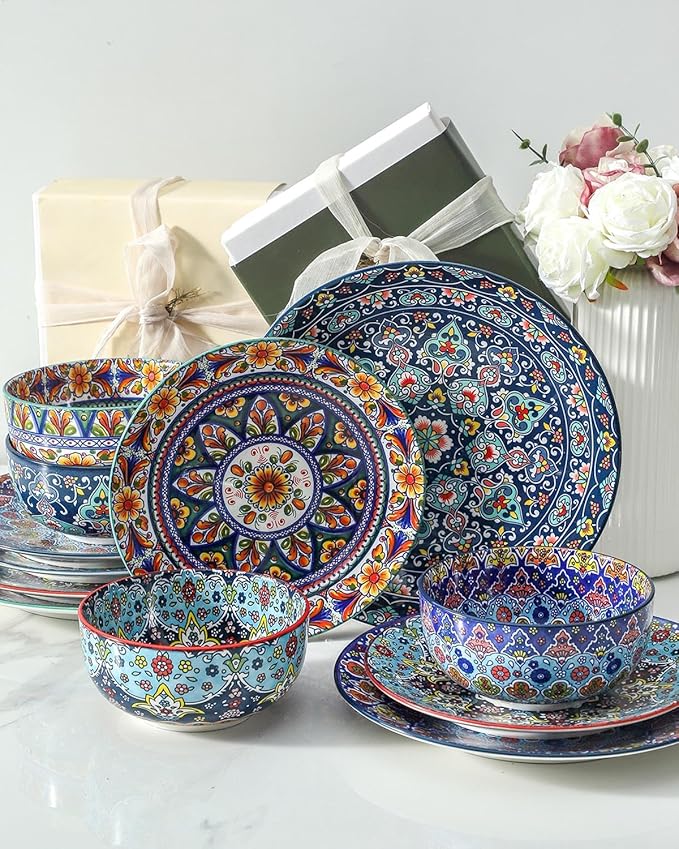 glowworm Dinner Plates Set of 4, 10.5 Inch Ceramic Plates for Steak, Dishes Set for Kitchen, Housewarming Gift竊똌icrowave, Oven & Dishwasher Safe, Bohemian