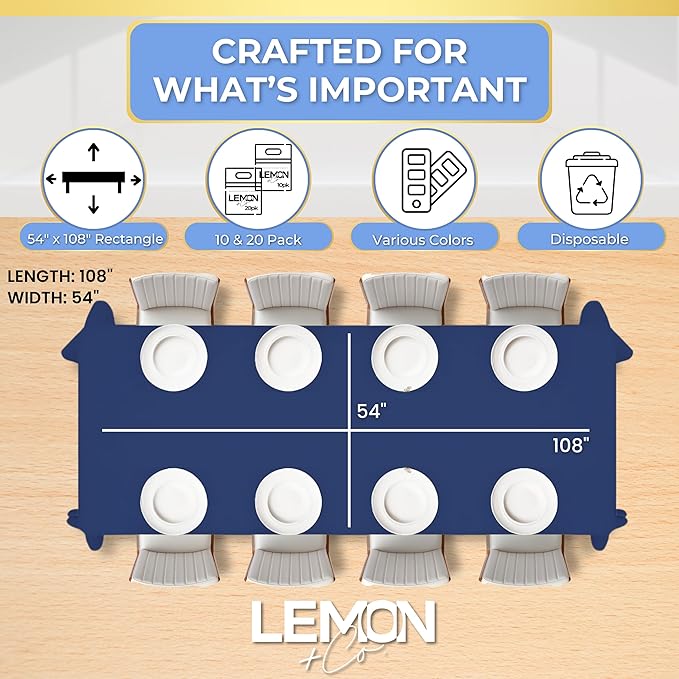 LEMON + Co. Navy Rectangle Table Cover Disposable Plastic Tablecloth 54 Inch. x 108 Inch. Premium Decorative Rectangle Table Cover 20 Pack