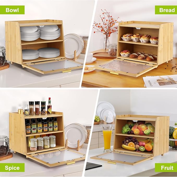 Double Layer Bread Box, Large Capacity Kitchen Counter Storage Container with Acrylic Clear Window and Hinge Door,Farmhouse Style Bread Keeper,Natural