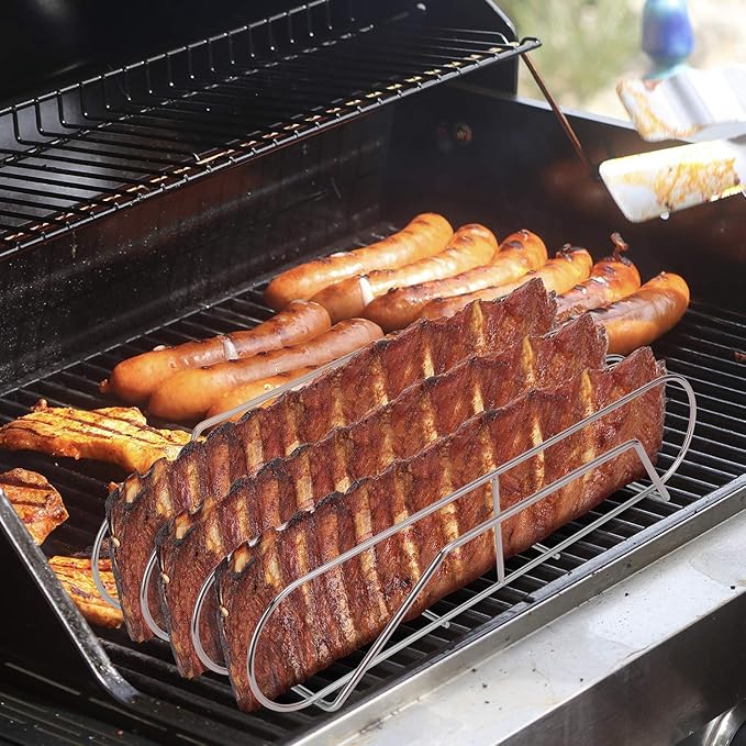 Extra Long Stainless Steel Rib Rack for Smoking and Grilling, Holds up to 3 Full Racks of Ribs, Fits 18??or Larger Gas Smoker or Charcoal Grill, Perfect Smoker Accessories Gifts for Men