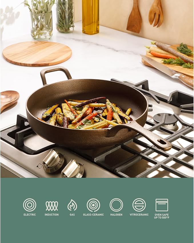 Bloomhouse - Two Time Oprah's Favorite Things Winner - Natural Bronze Finish 12" Cast Iron Skillet w/Long Handle, Helper Handle & Olive Wood Trivet ??Olive Oil Treated Fry Pan, Oven & Stovetop Safe