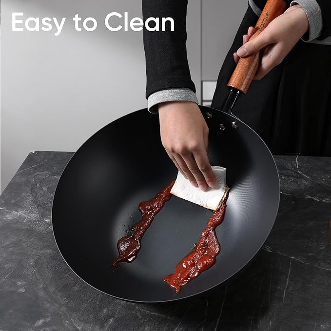 CAROTE 12" Carbon Steel Wok Pan, 4.5QT Woks & Stir-fry Pans Nonstick, No Chemical Coated Pre-Seasoned Flat Bottom Wok with Lid for Stir Fry, Chinese Cast Iron Wok, Cooking Pan, All Stovetop Compatible