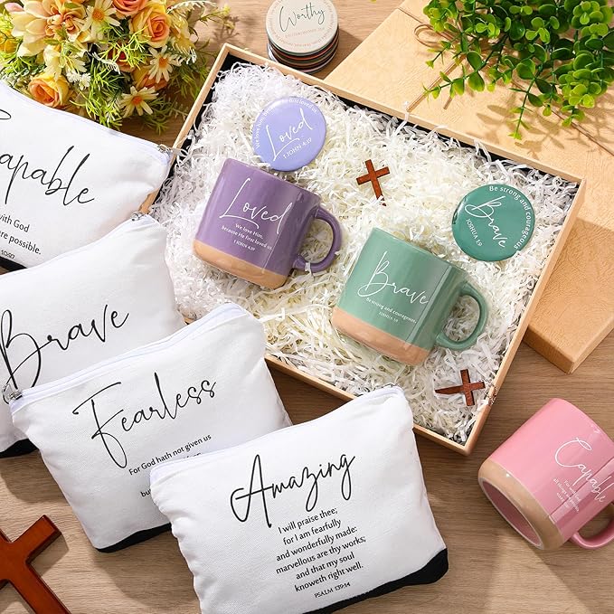36 Pcs Inspirational Christian Gift for Women Bulk 13 oz Ceramics Bible Verse Coffee Mugs Religious Makeup Bags Compact Mirrors Church Gift for Mom Wife Godmother Teacher(Colorful)