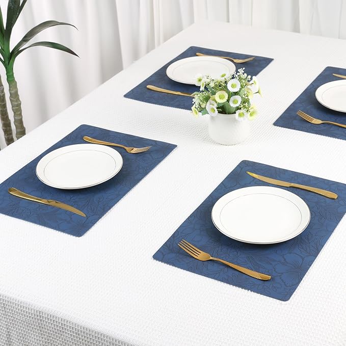 DRMHM Set of 6 Faux Leather Flower Placemats for Kitchen Dining Table Decor, Washable Table Placemats Wipeable Table Mat 18 * 12in Dark Blue
