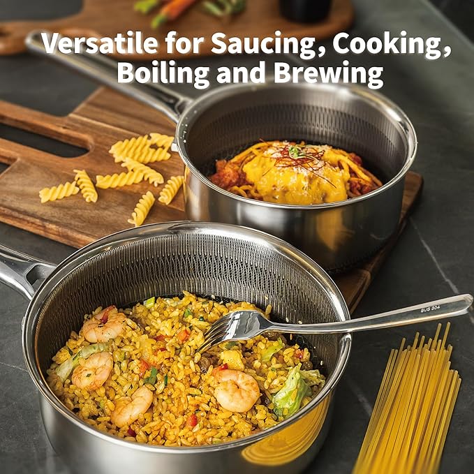 Hybrid Nonstick Saucepan Set of 2 with Lids 1.5 QT and 3 QT, Stainless Steel Honeycomb Pans with Side Pour Spouts,Compatible with All Cooktops,Dishwasher and Oven Safe