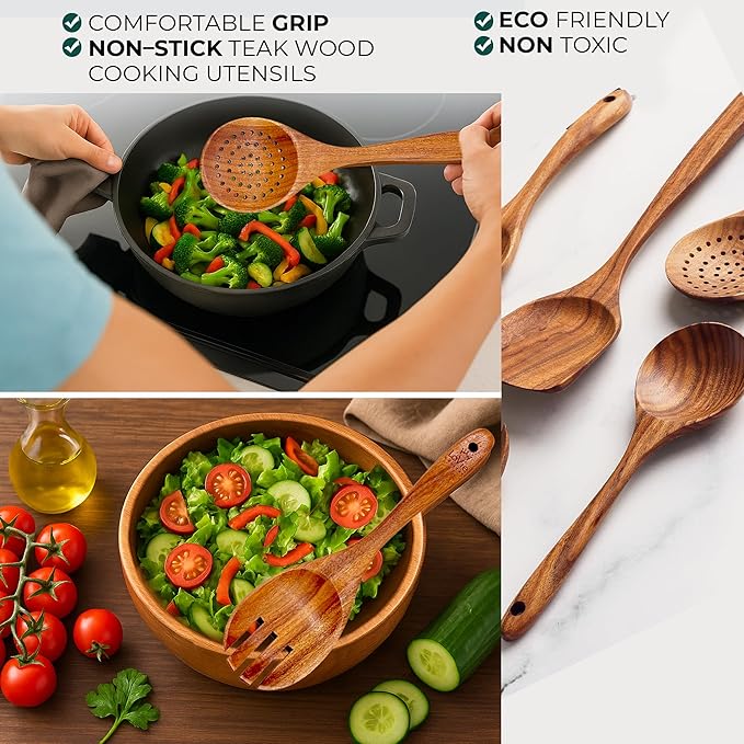 Teak Wooden Cooking Spoons Set -8-Piece Nonstick Cookware - Handmade Wooden Teak-Bamboo Charcuterie Board With Knife - Wooden Kitchen Utensils, Ideal Gift Set For Weeding,Birthday