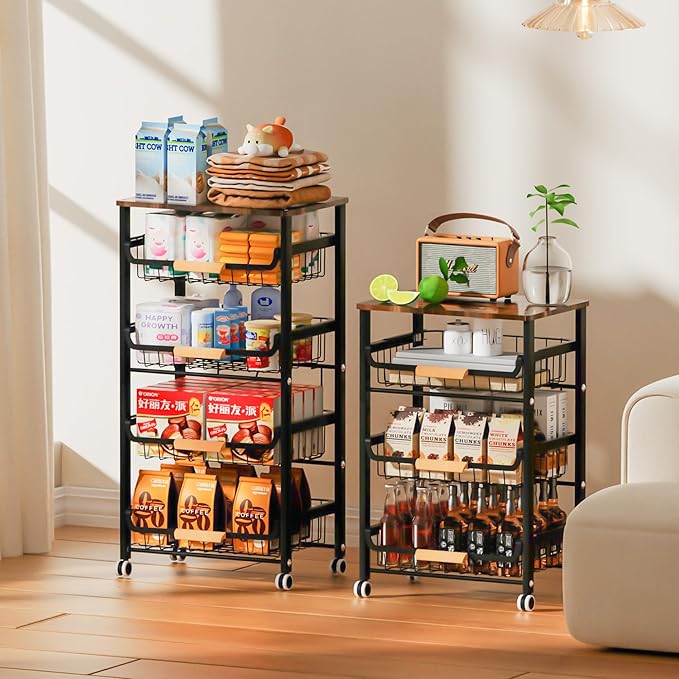 Fruit Vegetable Basket for Kitchen,4 Tier Pantry Organizer with Wheels,Snack cart with Wood Top,Metal Wire Storage Basket Organizer Baskets for Kitchen, Pantry, Bathroom