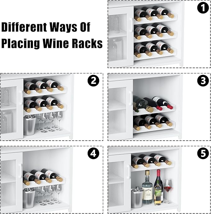 Vintage Industrial Wine Bar Cabinet with Adjustable Wine Racks and Glass Holders, Mesh Door Sideboard Storage Cabinet for Living Room, Kitchen, Dining Room, Compact Design, Easy Assembly,White