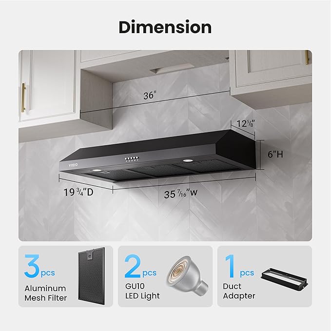 Under Cabinet Range Hood 36 Inch, 580 CFM Dual-Motor Kitchen Vent with LED Lights, Button Control, Ducted Stainless Steel Vent Hood, Reusable 5-Layer Aluminum Filters, Black