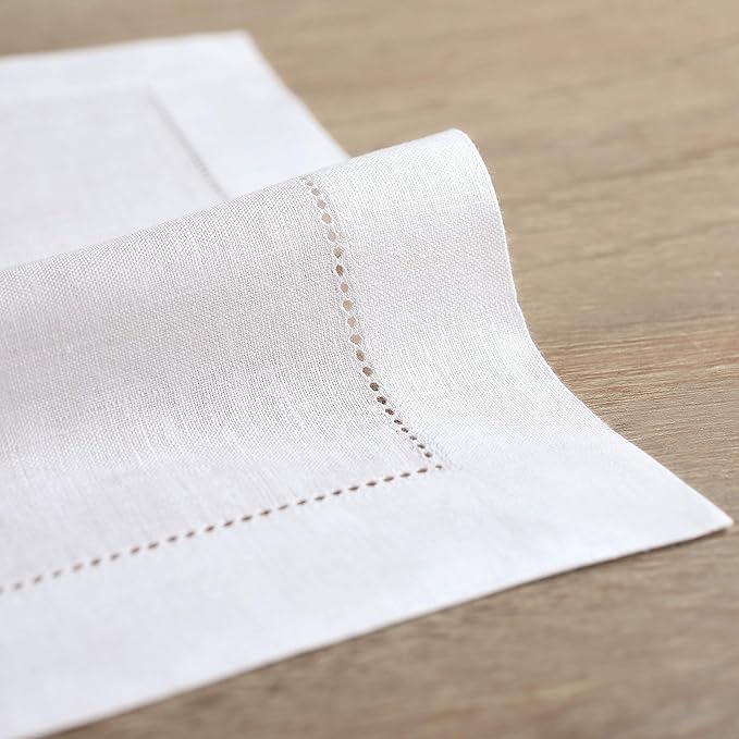 Solino Home White Linen Napkins Set of 6-100% Pure Linen Hemstitch Dinner Napkins 20 x 20 Inch for Winter, Valentines, Spring, Easter - Classic Hemstitch