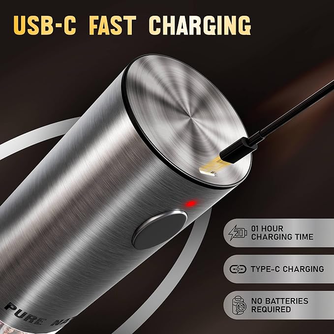 Pure Nature Electric Salt and Pepper Grinder Set with Rechargeable Base ??Stainless Steel, Large Capacity, LED Light, 5 Adjustable Coarseness Levels, Refillable, Type-C Fast Charging