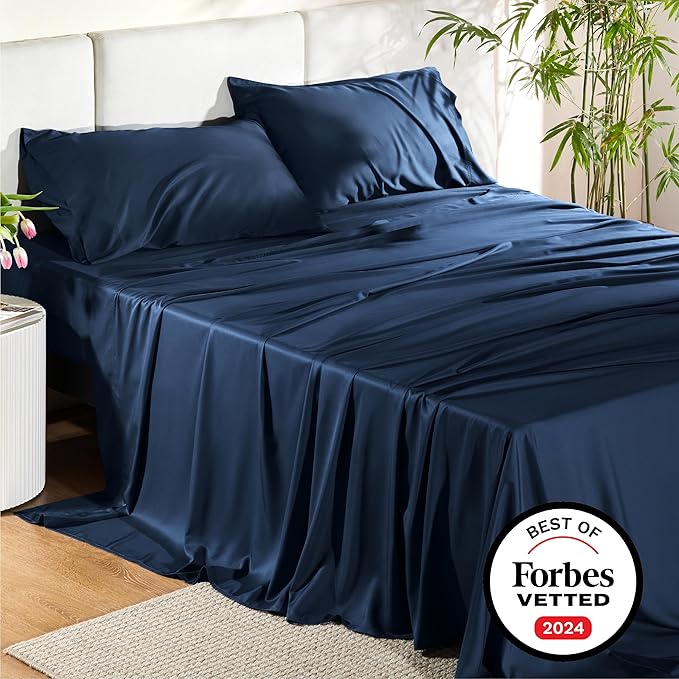 Bedsure California King Sheet Sets, Cooling Sheets for Hot Sleepers, Rayon Derived from Bamboo, Breathable & Soft, Deep Pocket Up to 16 Inches, Hotel Luxury Silky Bedding, Navy