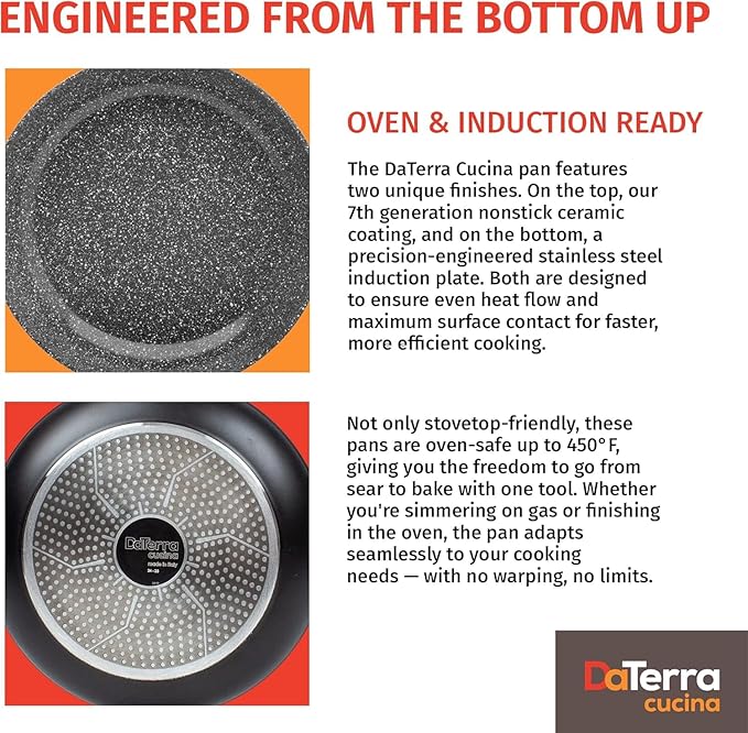 DaTerra Cucina 11" Nonstick Ceramic Frying Pan with Lid ??Oven & Induction Safe, High Heat Resistant Nonstick Cookware, Dishwasher Safe, Durable & Stylish - Volcanic Black Speckled ??Made in Italy