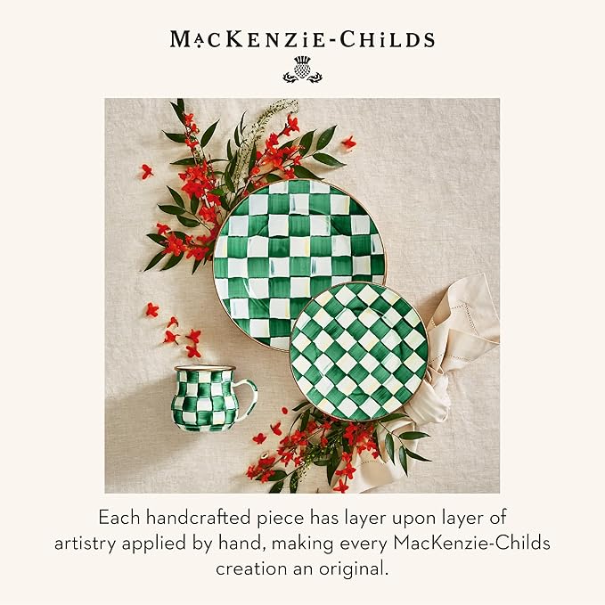 MACKENZIE-CHILDS Enamel Dinner Plate, Decorative Dinnerware Plate, 10 Inches, Green-and-White Emerald Check