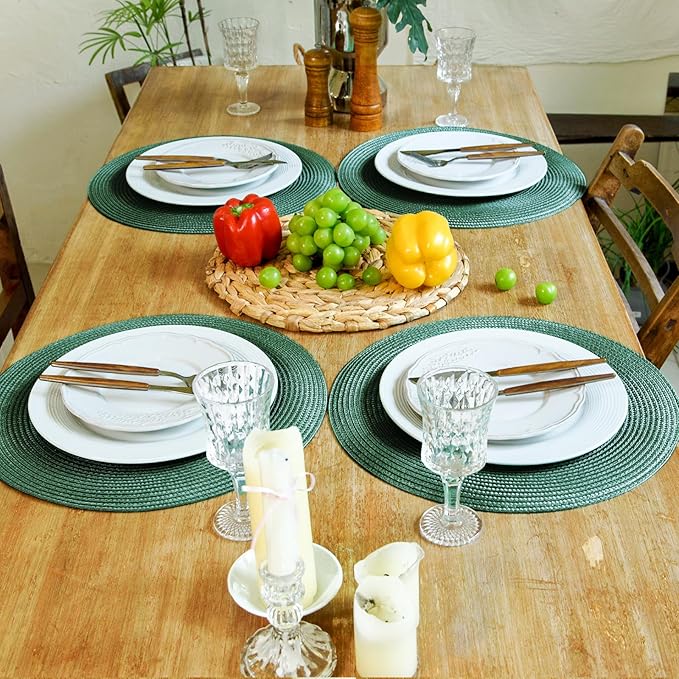 FunWheat Round Braided Placemats Set of 8 Table Mats for Dining Tables Woven Washable Non-Slip Place mats 15 inch(Black Green,8pcs)