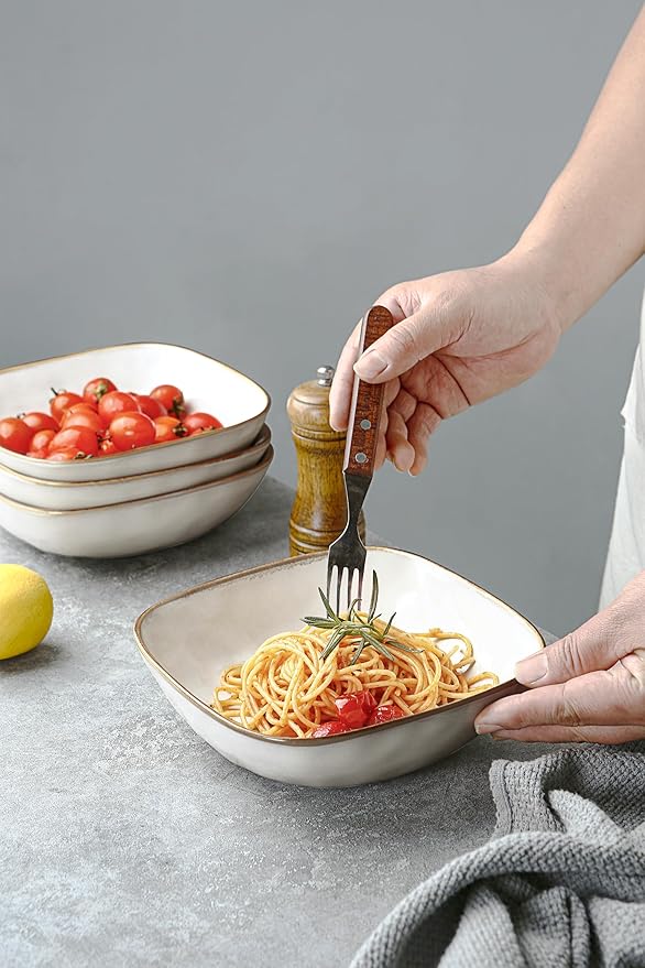 famiware Large Pasta Bowls Set of 4, Ocean Square 8" Bowls, Pasta Serving Bowl Large Dinner Bowls, Kitchen Bowl Set, Microwave and Dishwasher Safe, Scratch Resistant, Cappuccino White