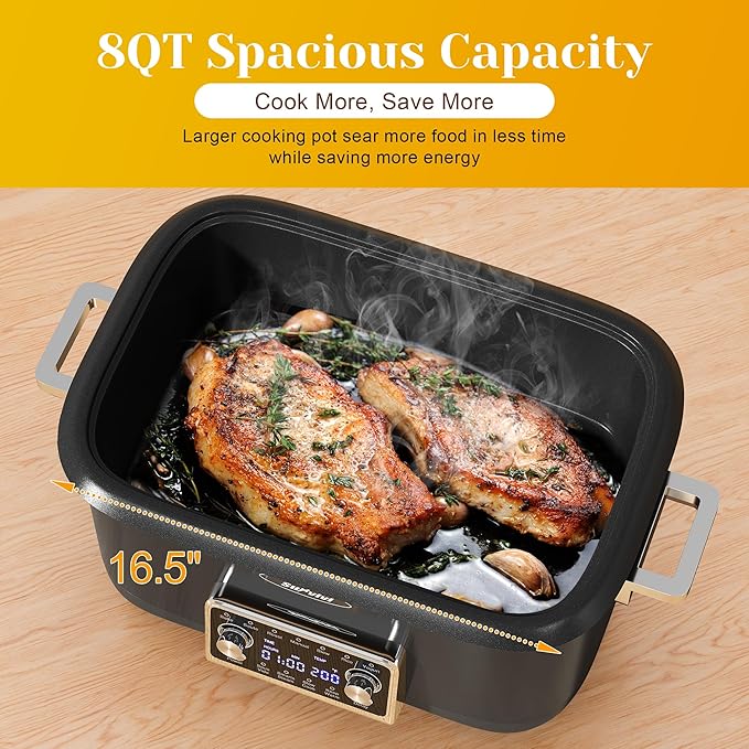 Sunvivi 8 Quart Slow Cooker Roaster Oven, 12 in 1 Programmable Multi-Cooker Food Warmer with Digital Timer, Temp Control, Removable Cast Aluminum Pot & Dishwasher-Safe Tempered Glass Lid, Black