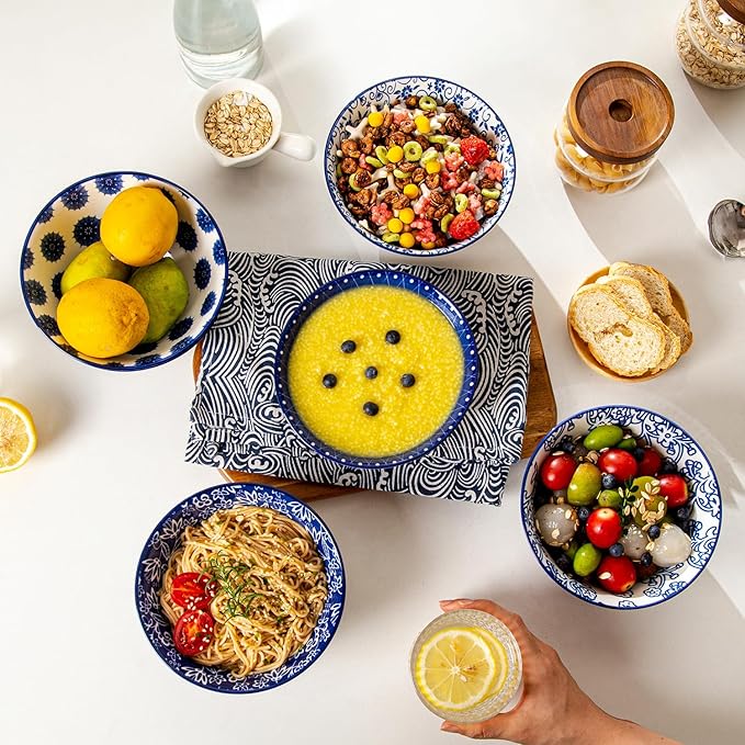 Cerkik Ceramic Soup Bowls Set - 24 Oz Deep Cereal Bowl for Kitchen - 6 Inch Large Porcelain Dinner Bowl Eating Salad Pasta Dessert Oatmeal - Microwave Dishwasher Safe - Set of 6 - Vintage Blue