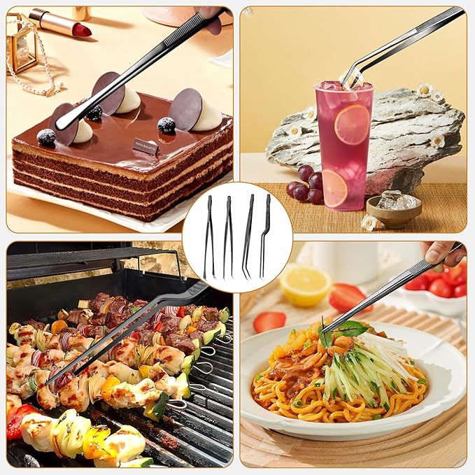 GEEKHOM Heavy Duty 12-Inch Metal BBQ Tongs: 4-Piece Commercial Grade Stainless Steel for Grilling & Turning (Black)
