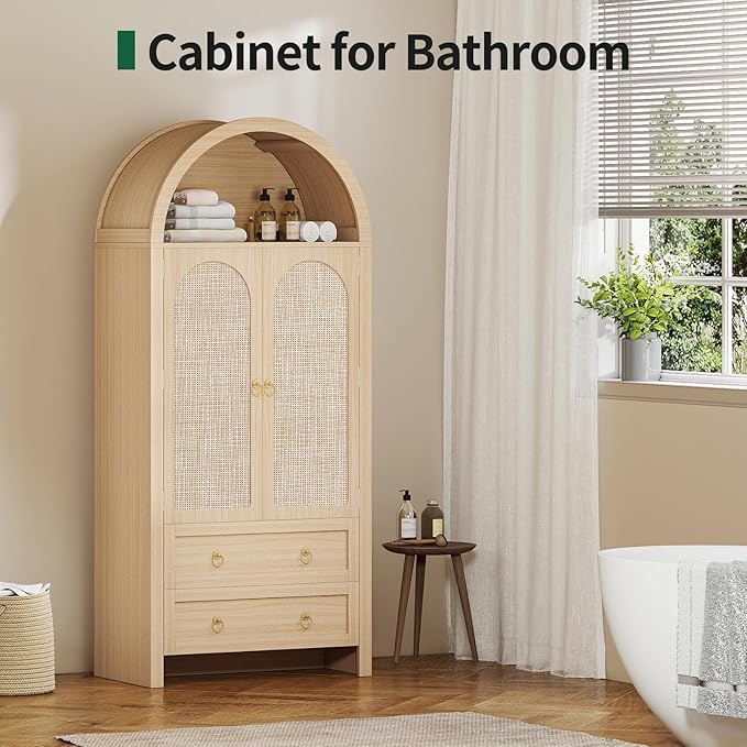 71" Arched Cabinet Kitchen Pantry Cabinet with Rattan Doors, Storage Cabinet with Drawers & Height Adjustable Shelves, Hutch Cabint with Storage, Tall Arched Bookcase for Dining Room Kitchen, Natural