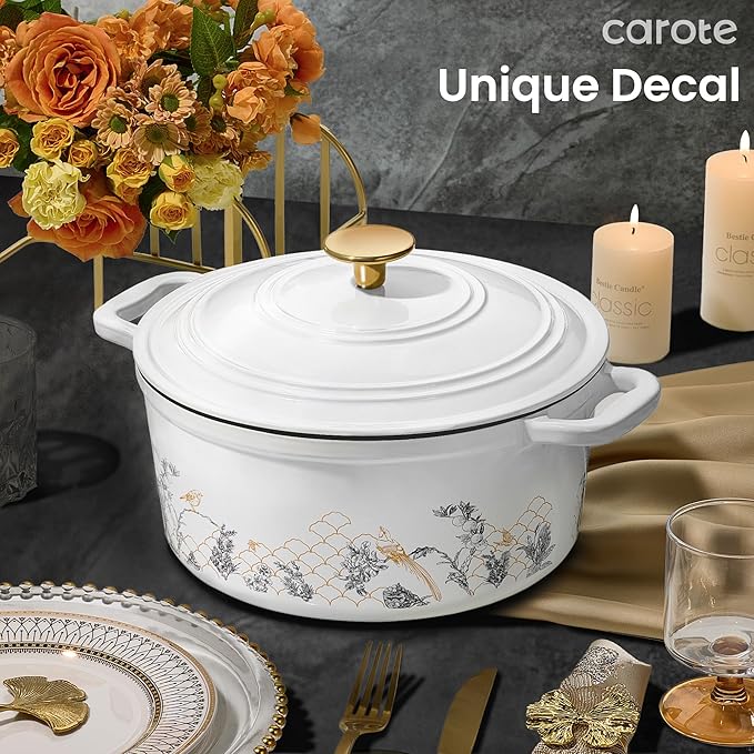 CAROTE 5QT Cast Iron Dutch Oven Pot with Lid, Enameled Floral Dutch Ovens with Gift Box, Cast Iron Pot for Sourdough Bread Baking, Braising, Stews, Roasting, Dual Handles, Healthy & Non-Toxic, All Stovetop Compatible, Oven Safe up to 500째 F, White