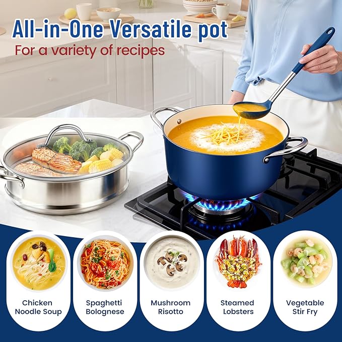 AOSION 6 Quart Steamer Pot With Lid, Nonstick Ceramic Steam Pot with Ladle, 2-Tier Multipurpose Steamer for Cooking with Vegetable,Soup, Stews,Dumplings,Oven & Dishwasher Safe