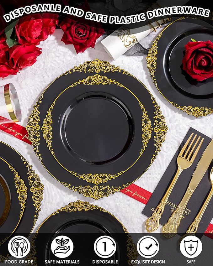 YOUBET 700PCS Black Plastic Plates - Black and Gold Plates - Gold Plastic Dinnerware Set Include 200 Disposable Plate, 300 Heavy Duty Silverware, 100 Cups, 100 Napkins for Wedding & Party