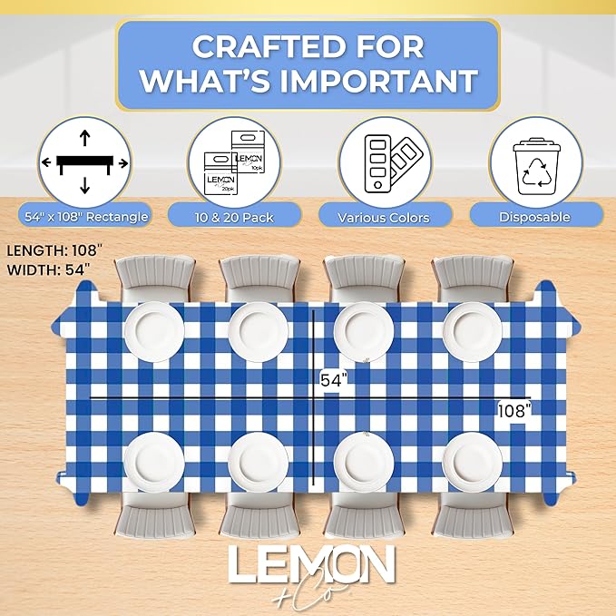 LEMON + Co. Blue Gingham Rectangle Table Cover Disposable Plastic Tablecloth 54 Inch. x 108 Inch. Premium Decorative Rectangle Table Cover 20 Pack