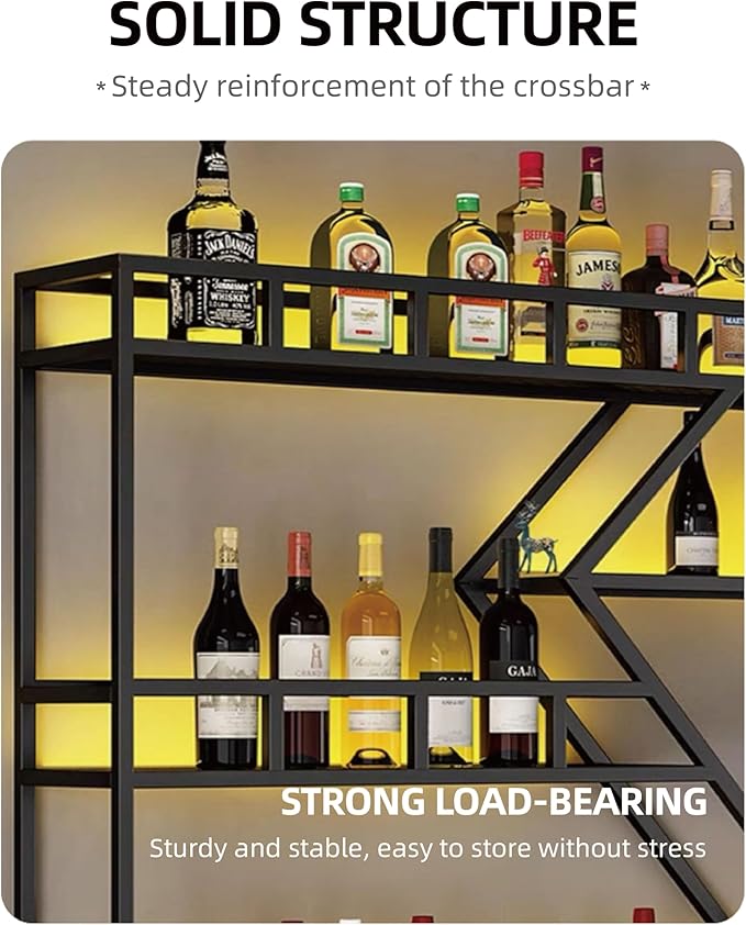 118 Inch Modern Wall Mounted Wine Rack with LED Light, Large Metal Bar Shelves for Liquor Bottles, Stylish Wall Wine Rack Storage Organizer for Dining Room & Home Bar(Gold-Yellow Led, 118in)