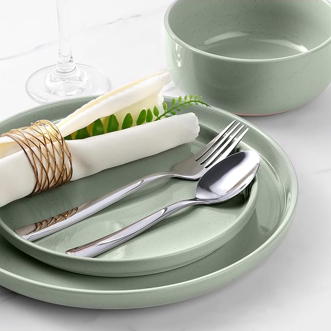 LIANYU Plates and Bowls Sets, 18 Piece Modern Speckled Dinnerware Set, China Dinnerware Dishes, Service for 6, Scratch Resistant & Dishwasher Safe, Fog Green