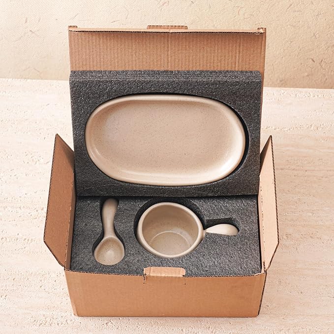 Uaral Ceramic Coffee Mugs Set,Cups Set with Saucer and Spoon for Coffee/Tea Break,Latte Breakfast.10oz Coffee Mug,8inch Ceramic Serving Tray and Spoon.3 Piece,Matte Cream