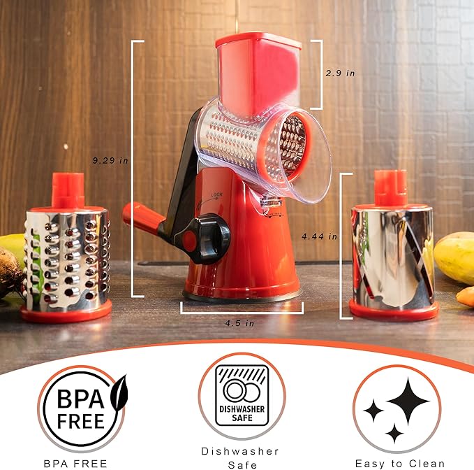 KARTWILL Rotary Cheese Grater with Handle - 3-in-1 Cheese Shredder - Easy to Clean Rotary Grater - Mandoline Vegetable Slicer Hand Crank - with Brush and Peeler - Red