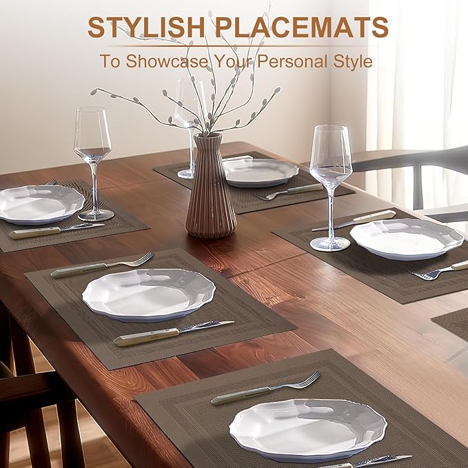 BETEAM Placemats Set of 8, Woven Vinyl Placemat for Dining Table Washable Wipeable Kitchen Place Mats Durable Indoor Outdoor Table Mats