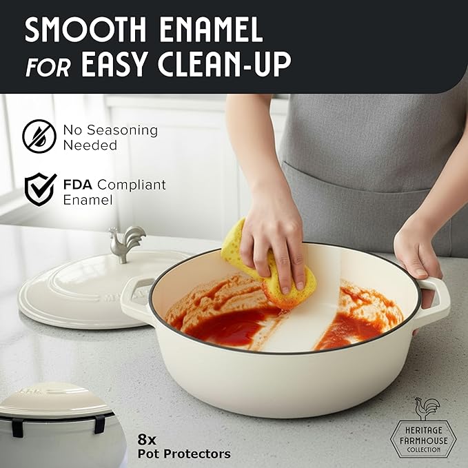 MUELLER HOME 5.5 Quart Enameled Cast Iron Oval Dutch Oven with Rooster Knob & Cotton Potholders, Heavy-Duty Cookware, Oven-Safe up to 500째 F & Across All Cooktops, Gifts for Grandma & Women, White