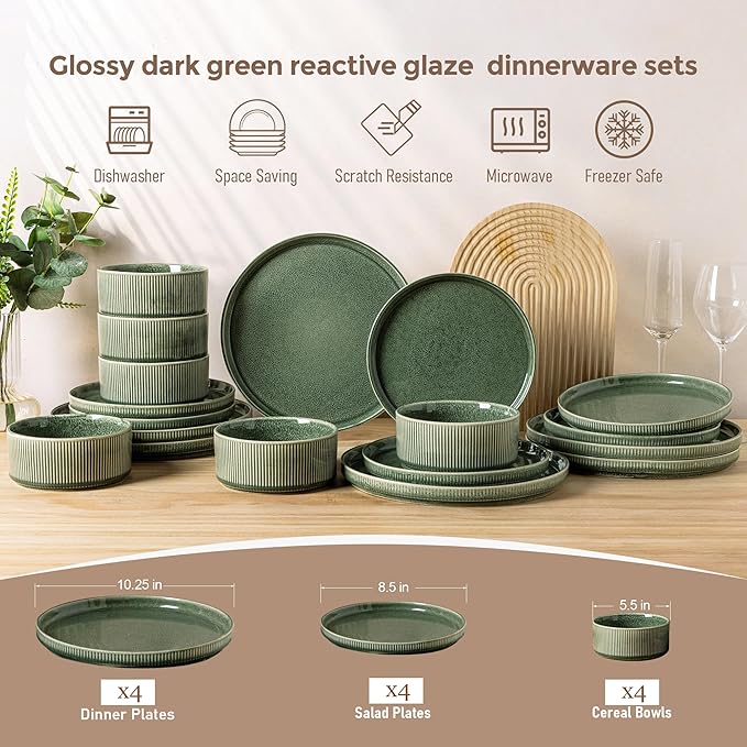 GBHOME Stoneware Dinnerware Sets for 4,Round Reactive Glaze Ceramic Plates and Bowls Set,Highly Scratch Resistant| Dishwasher & Microwave Safe Dishes Set,Service for 4(12Pcs),Dark Green