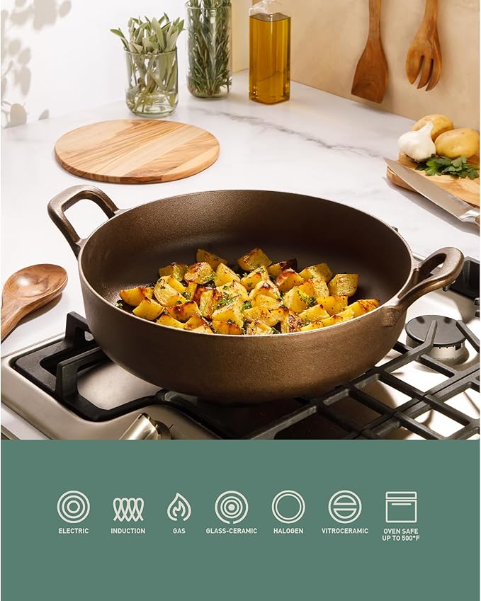 Bloomhouse - Two Time Oprah's Favorite Things Winner - Natural Bronze Finish 13" Round Cast Iron Everyday Pan ??Olive Oil Treated Surface w/Dual Handles Olive Wood Trivet Oven Stovetop Campfire Safe